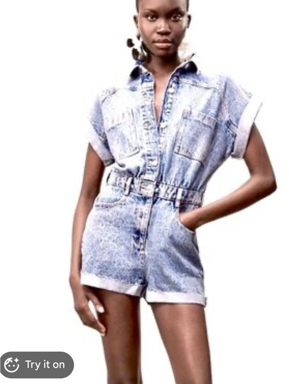 ZARA Light Blue Acid‑Wash Denim Romper – Size XS (Fits Small)